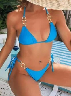 Designer Luxury Blue W/ Rhinestone Triangle Top & Cheeky Bottom Set