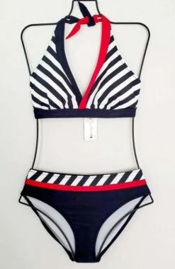Black/White Stripe W/Red Trim Halter Top/Moderate Bottom -Curve Bikini jolidon apparel accessories clothing swimwear black white stripe w red trim halter top moderate bottom black white stripe red halter bikini swimwear swimsuit jolidon 2502 280235789190