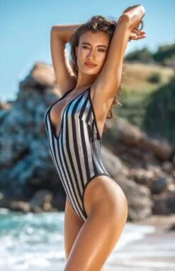 Jolidon Clandestine Demi Black & Metallic Silver Plunge One Piece Swimsuit -Curve Bikini jolidon apparel accessories clothing swimwear jolidon clandestine demi black metallic silver plunge one piece swimsuit 28014463418466