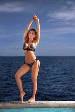 Gray Strap Side Tie Halter Top W/ Adjustable Strap & Thong Bikini Set