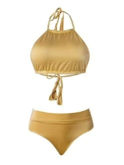 Liliana Montoya GAiA Bikini Gold Halter Top & High Waist Bottom Set
