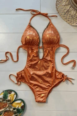 Sexy Orange Metallic Beaded Deep V-Neck Trikini -Curve Bikini shyleeq apparel accessories clothing swimwear sexy orange metallic beaded deep v neck trikini 2022 sexy shyleeq swimwear brown metallic beaded bikini 28545777991778